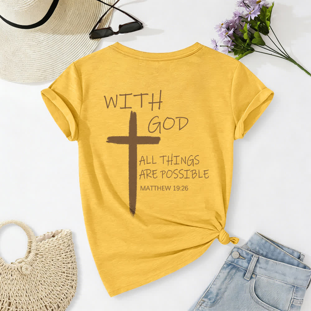 Christianartworkshop Camiseta informal con cuello en V y estampado de doble cara con la cruz "Con Dios todo es posible" (Mateo 19:26). - image 61