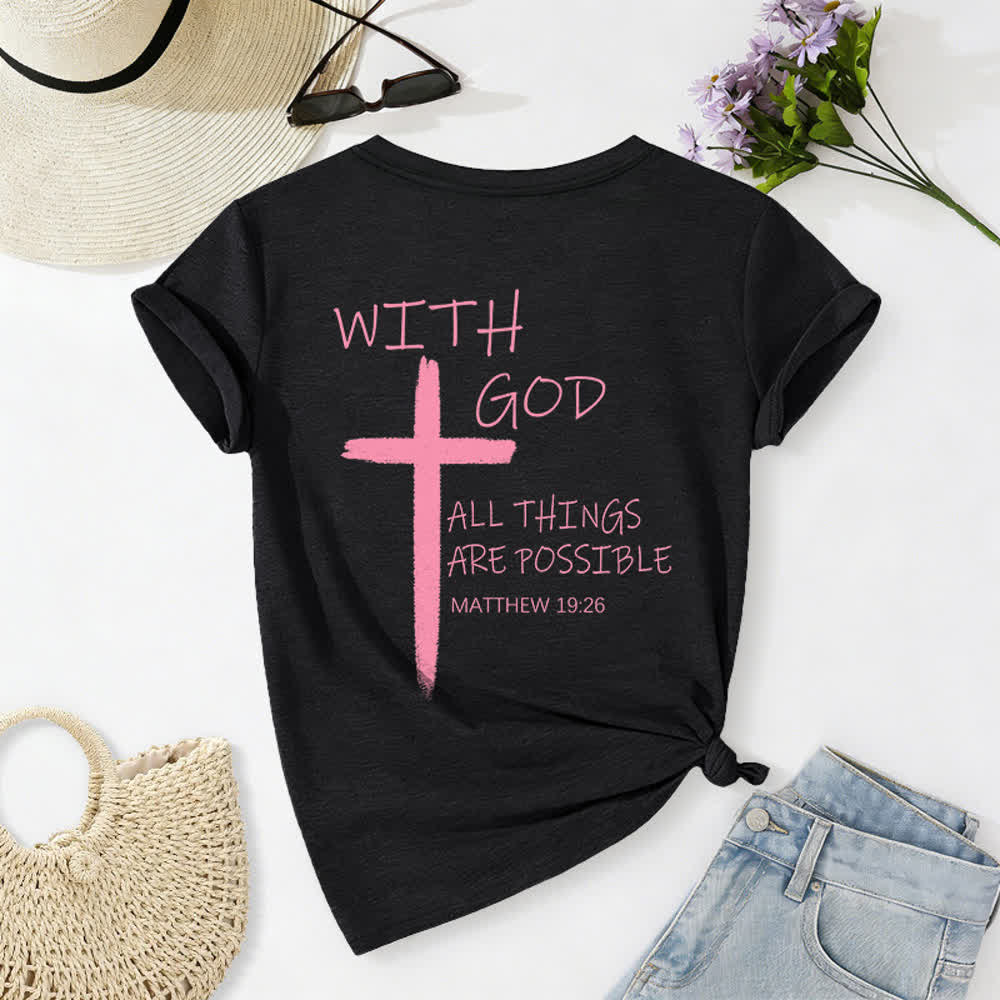 Christianartworkshop Camiseta informal con cuello en V y estampado de doble cara con la cruz "Con Dios todo es posible" (Mateo 19:26). - image 31