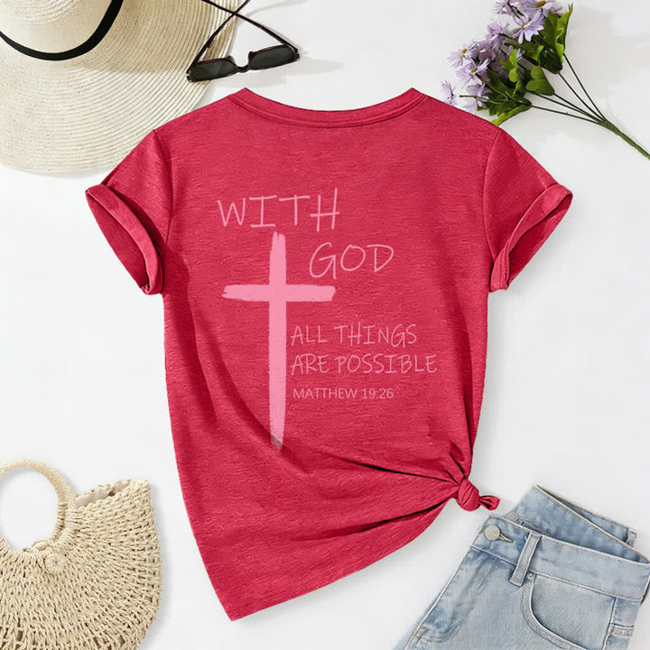 Christianartworkshop Camiseta informal con cuello en V y estampado de doble cara con la cruz "Con Dios todo es posible" (Mateo 19:26). - image 36