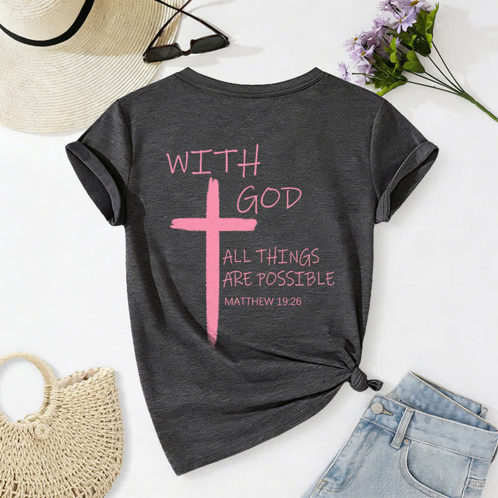 Christianartworkshop Camiseta informal con cuello en V y estampado de doble cara con la cruz "Con Dios todo es posible" (Mateo 19:26). - image 16