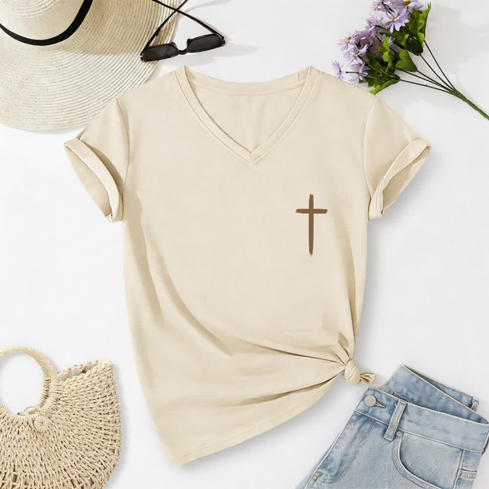 Christianartworkshop Camiseta informal con cuello en V y estampado de doble cara con la cruz "Con Dios todo es posible" (Mateo 19:26). - image 7