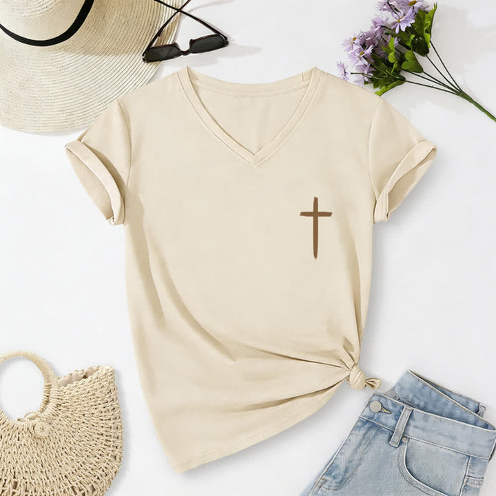 Christianartworkshop Camiseta informal con cuello en V y estampado de doble cara con la cruz "Con Dios todo es posible" (Mateo 19:26). - image 7