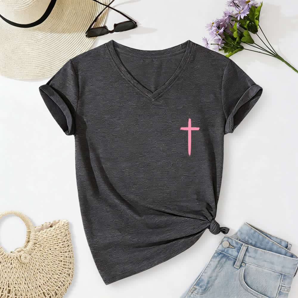 Christianartworkshop Camiseta informal con cuello en V y estampado de doble cara con la cruz "Con Dios todo es posible" (Mateo 19:26). - image 17