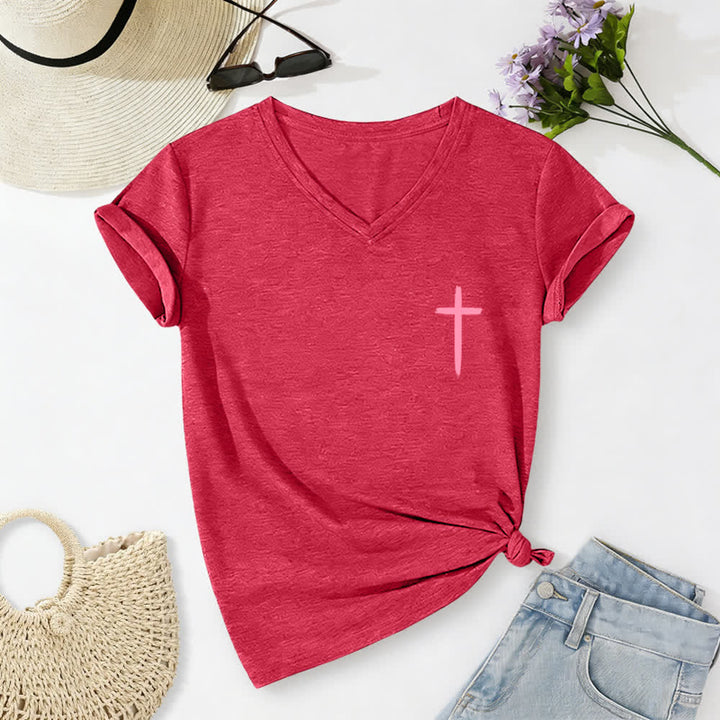 Christianartworkshop Camiseta informal con cuello en V y estampado de doble cara con la cruz "Con Dios todo es posible" (Mateo 19:26). - image 37