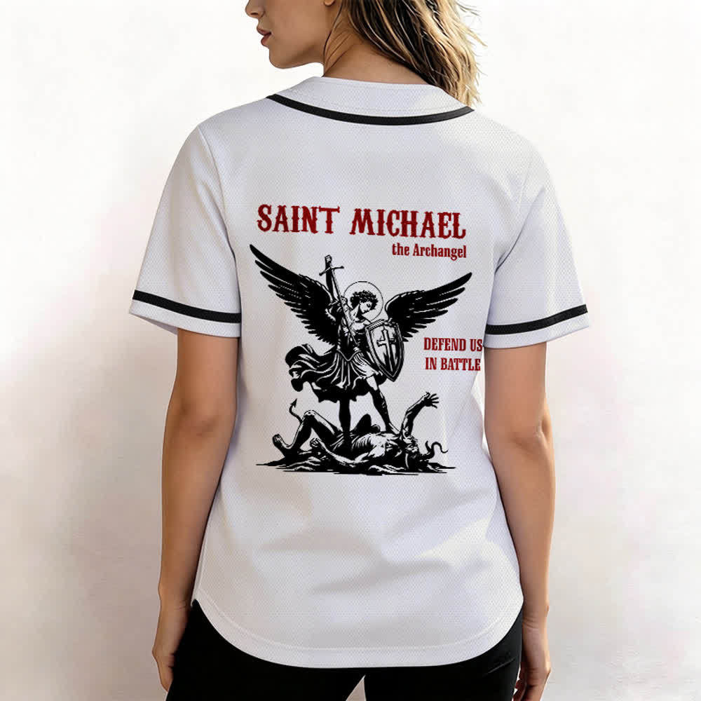 Christianartworkshop Camiseta de béisbol unisex "San Miguel Arcángel Defiéndenos" - image 3