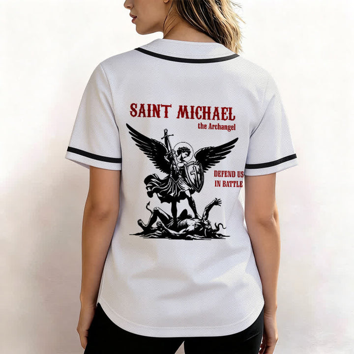 Christianartworkshop Camiseta de béisbol unisex "San Miguel Arcángel Defiéndenos" - image 3