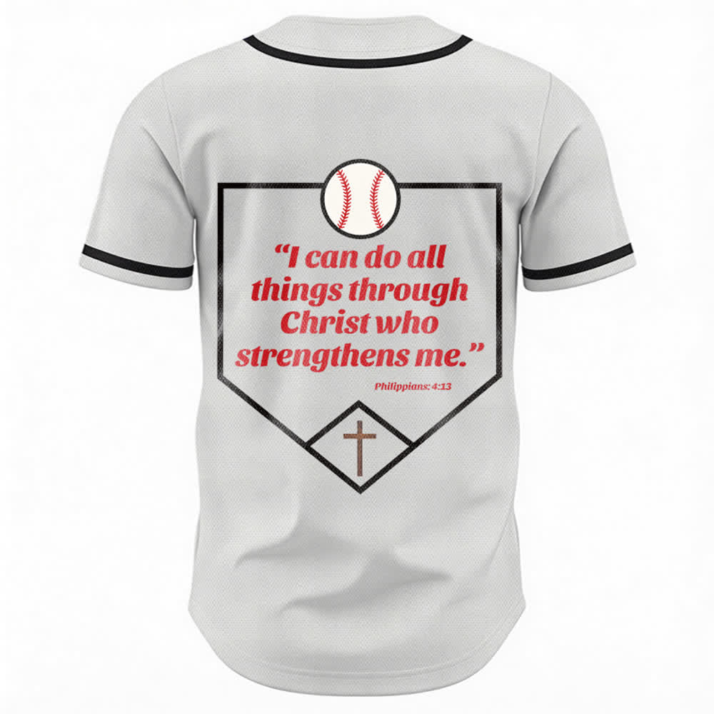 Camiseta de béisbol con el lema de la fe de Filipenses 4:13 de Christianartworkshop : Camiseta deportiva con cruz, fuerza y ​​devoción. - image 15