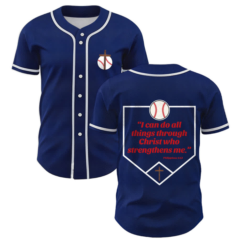 Camiseta de béisbol con el lema de la fe de Filipenses 4:13 de Christianartworkshop : Camiseta deportiva con cruz, fuerza y ​​devoción. - Azul marino - 5XL - image 0