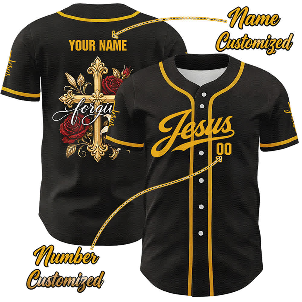 Christianartworkshop Camiseta de béisbol unisex personalizada con diseño de Jesús, Cruz Dorada y Rosa Roja, "Jesús Perdona". - 5XL - Nombre y número personalizados - image 0