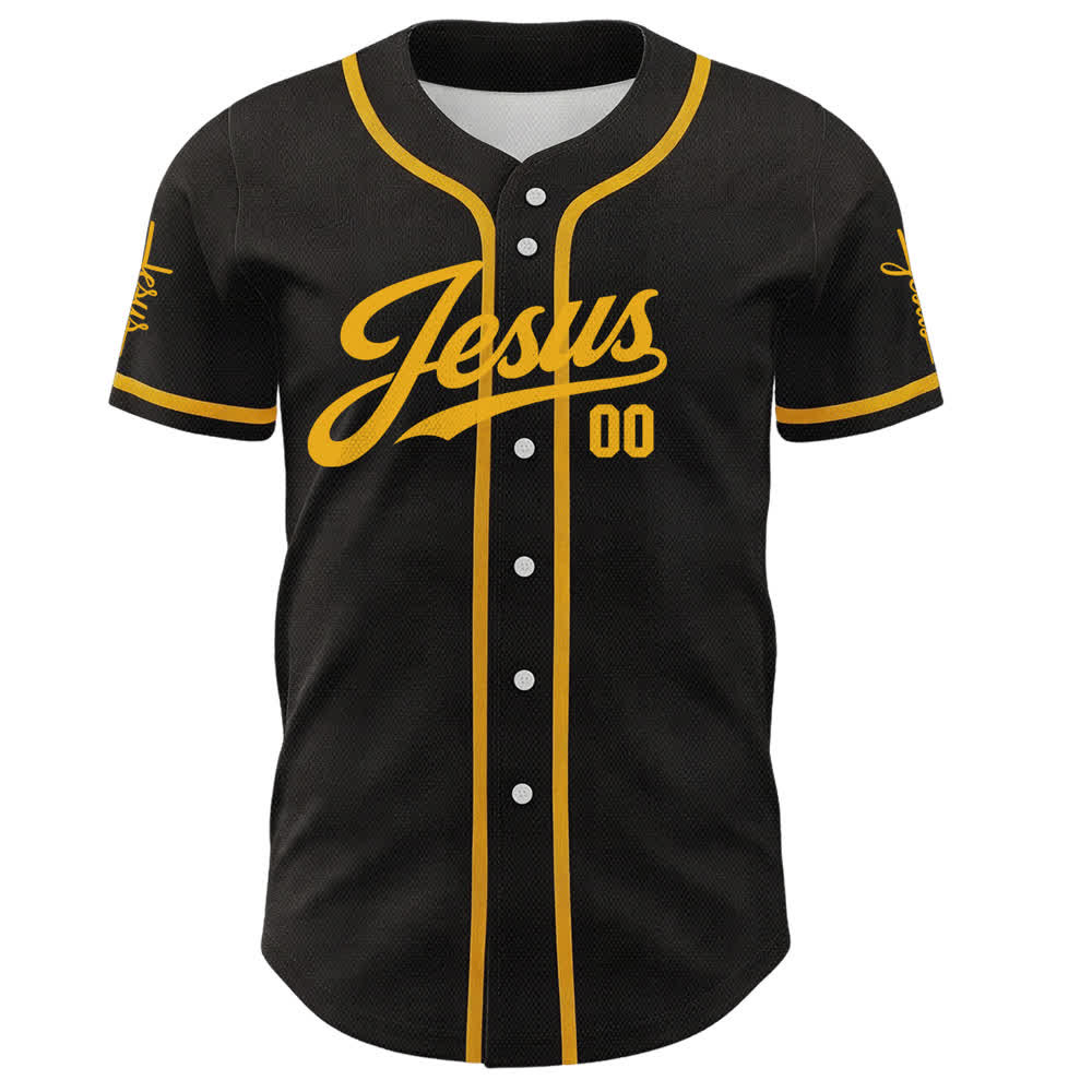 Camiseta de béisbol unisex personalizada con diseño de la Cruz Dorada y la Rosa Roja de Christianartworkshop: Jesús perdona. - image 2