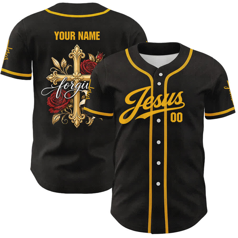 Christianartworkshop Camiseta de béisbol unisex personalizada con diseño de Jesús, Cruz Dorada y Rosa Roja, "Jesús Perdona". - image 1