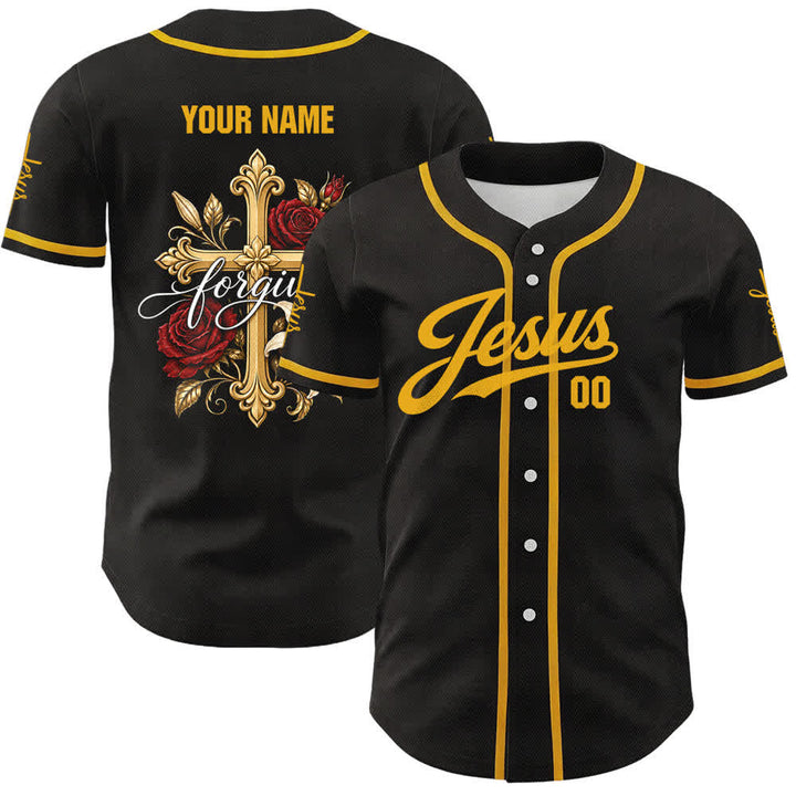 Camiseta de béisbol unisex personalizada con diseño de la Cruz Dorada y la Rosa Roja de Christianartworkshop: Jesús perdona. - image 1