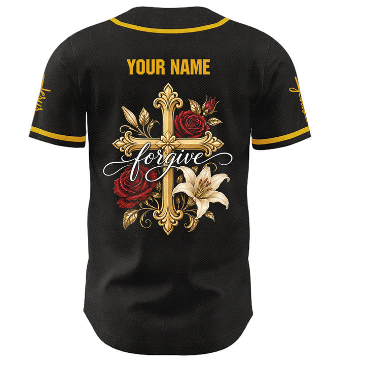 Camiseta de béisbol unisex personalizada con diseño de la Cruz Dorada y la Rosa Roja de Christianartworkshop: Jesús perdona. - image 3