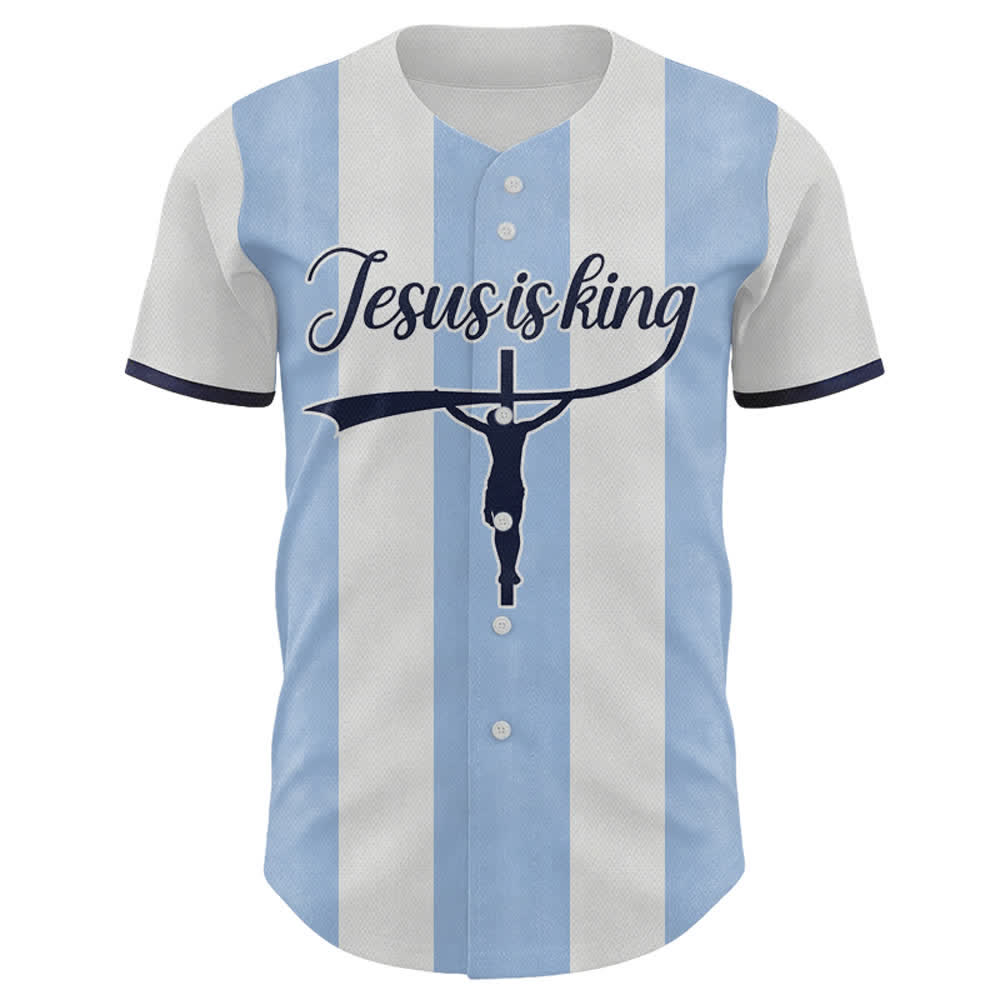 Christianartworkshop Camiseta de béisbol a rayas con estampado de cruz y nombre personalizado "Jesús es Rey" - image 1