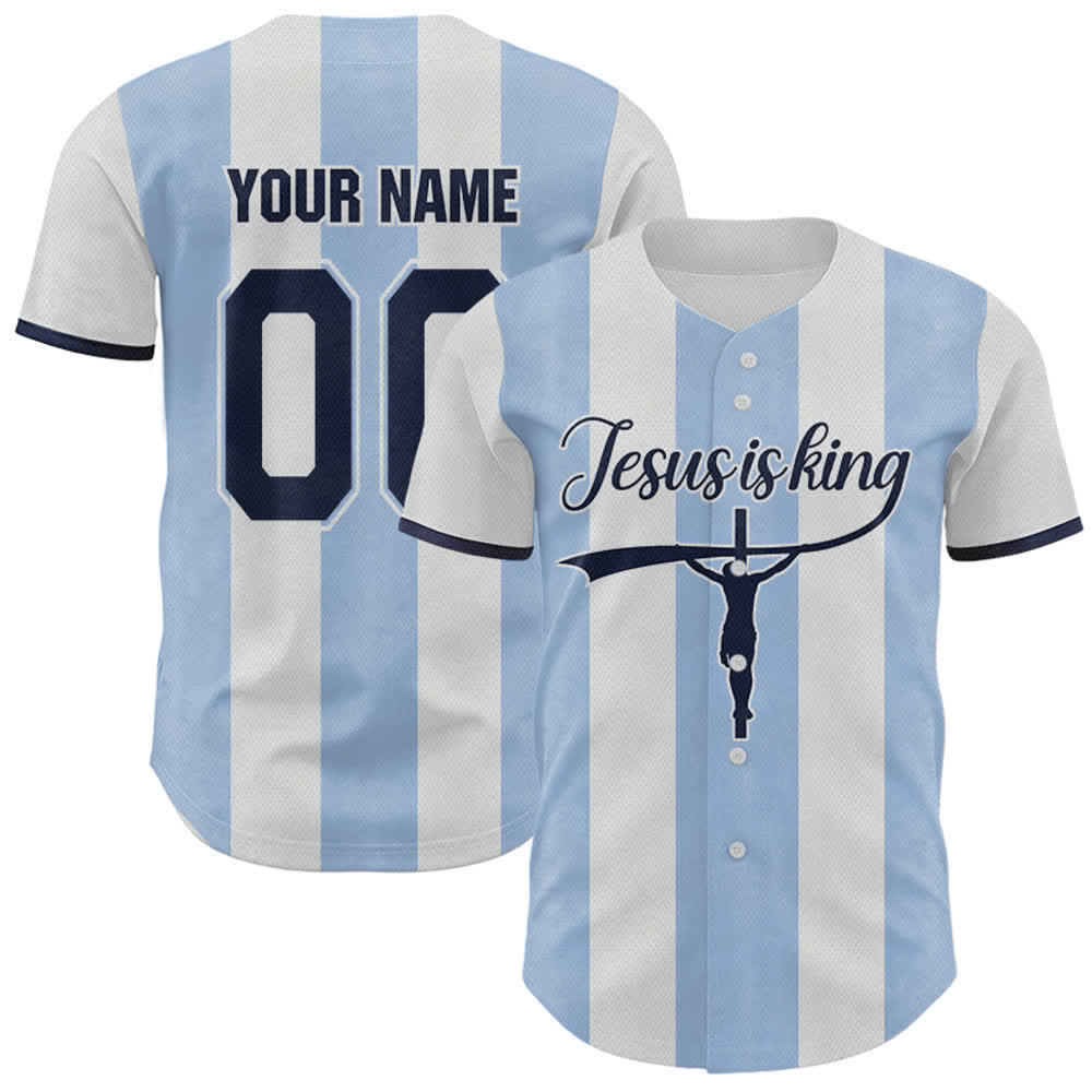 Christianartworkshop Camiseta de béisbol a rayas con estampado de cruz y nombre personalizado "Jesús es Rey" - 5XL - Nombre y número personalizados - image 0