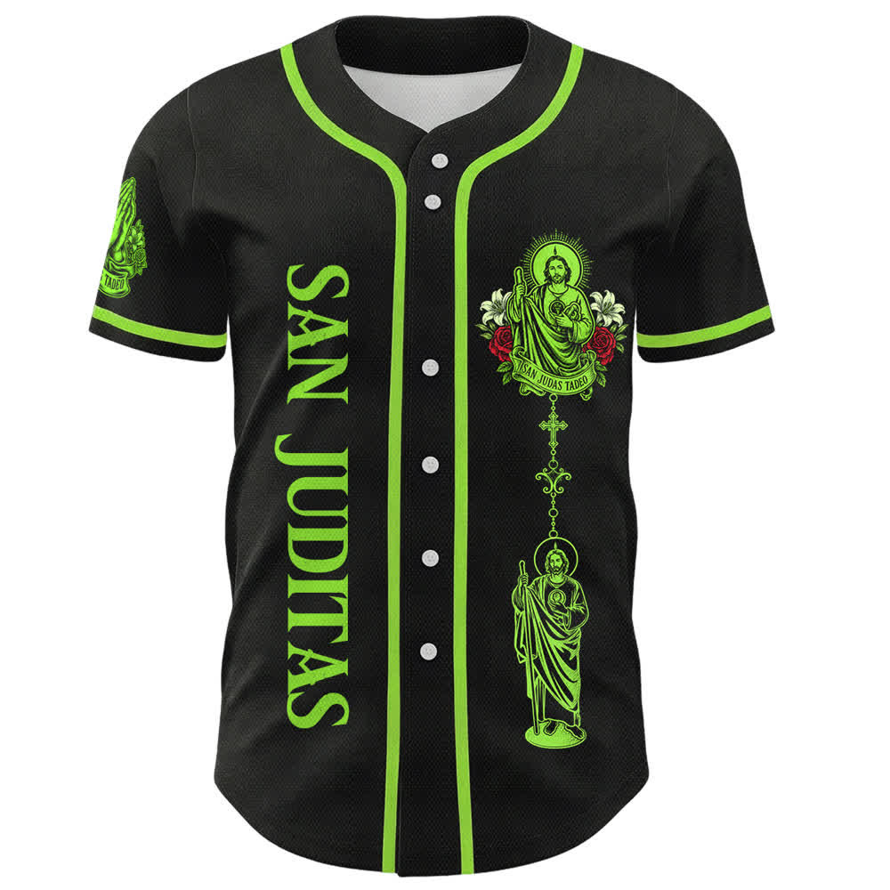 Christianartworkshop Camiseta de béisbol con botones, parte delantera vertical, rosario de San Juditas, gráfico de la santa, lirio y paloma, parte trasera. - image 1