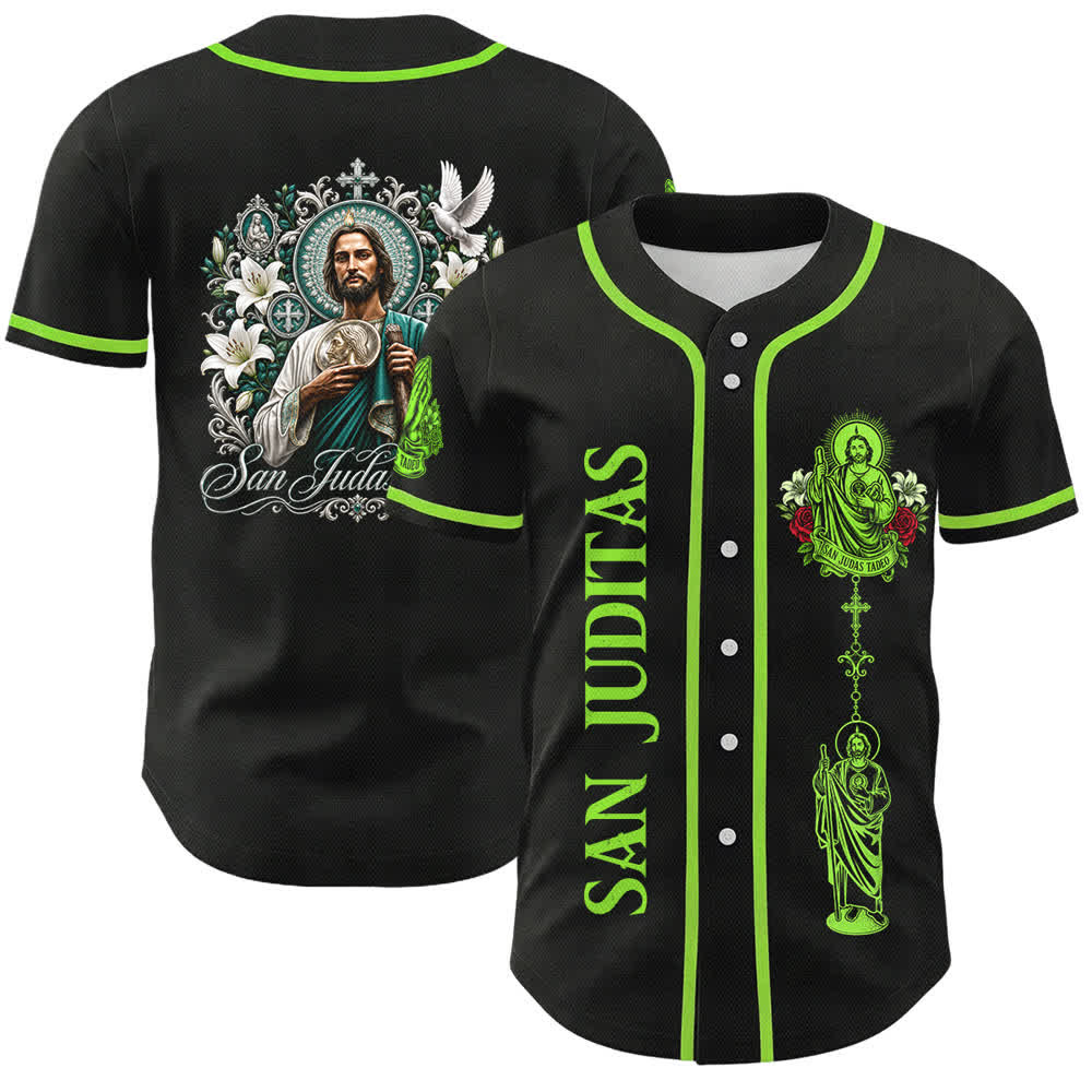 Christianartworkshop Camiseta de béisbol con botones, parte delantera vertical, rosario de San Juditas, gráfico de la santa, lirio y paloma, parte trasera. - Negro - Verde - 5XL - image 0