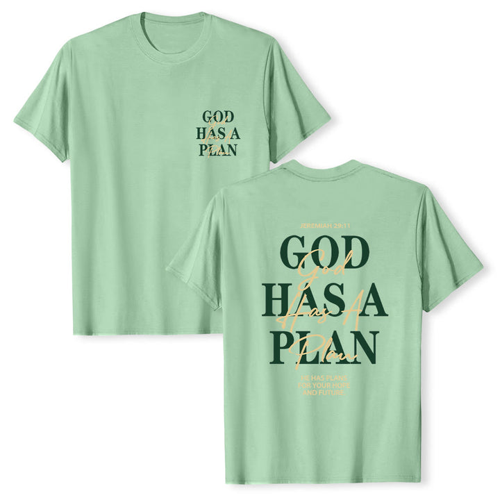 Christianartworkshop Camiseta clásica con estampado de letras a doble cara "Dios tiene un plan" - Verde claro - 2XL - image 3