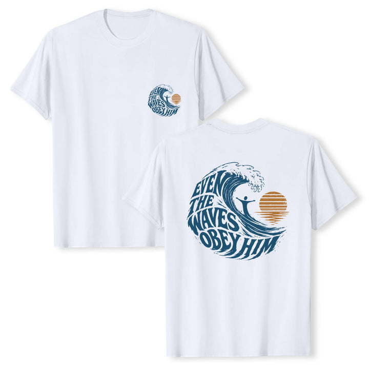 Christianartworkshop Incluso las olas le obedecen. Camiseta clásica con estampado de olas a doble cara. - Blanco - 2XL - image 9