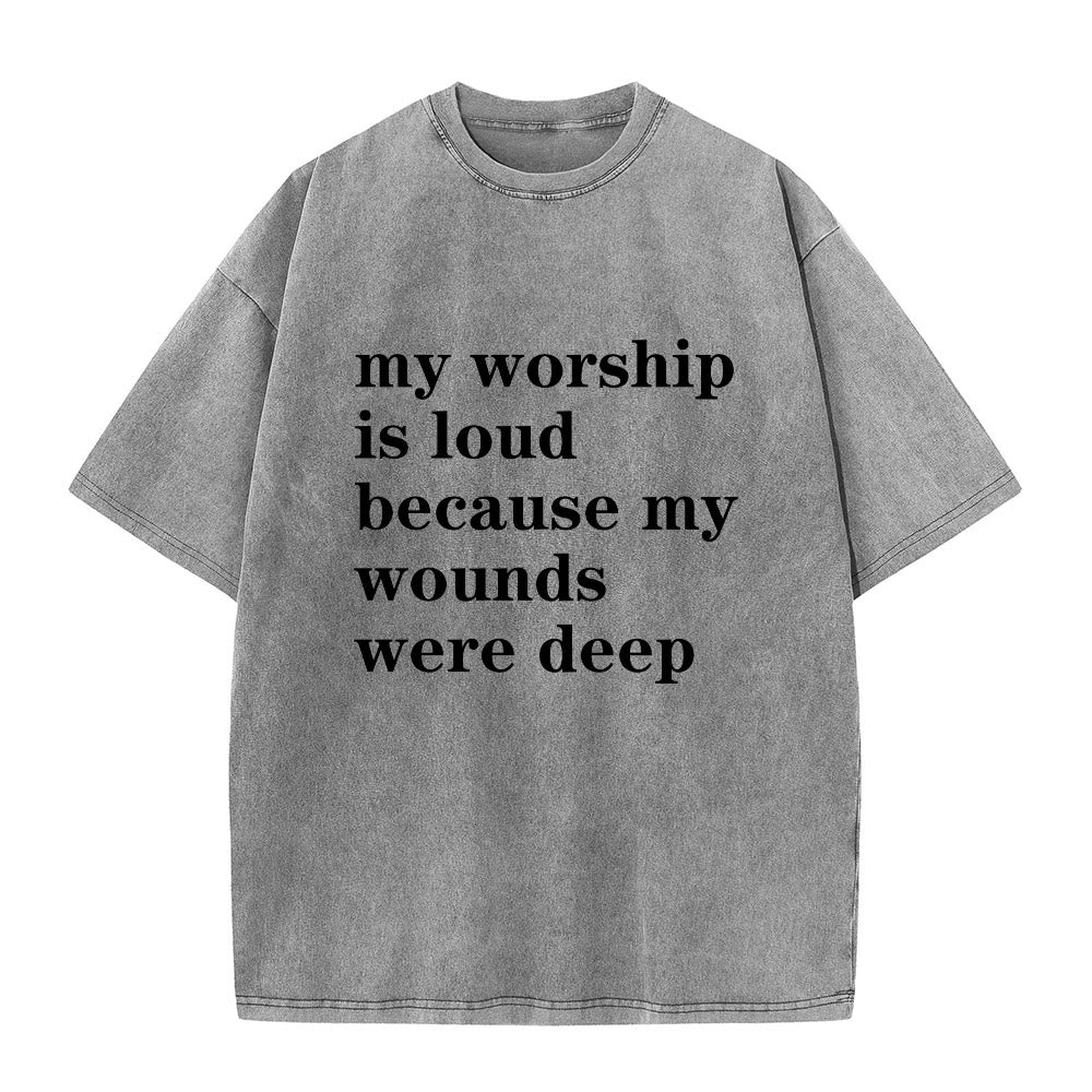 Christianartworkshop Camiseta vintage lavada con estampado gráfico de letras "My Worship Is Loud Because My Wounds Were Deep" - Gris - 2XL - image 1