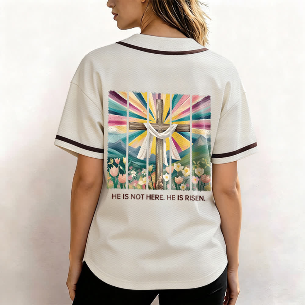 Camiseta de béisbol unisex con la frase "Él no está aquí, él ha resucitado" de Christianartworkshop. - image 5