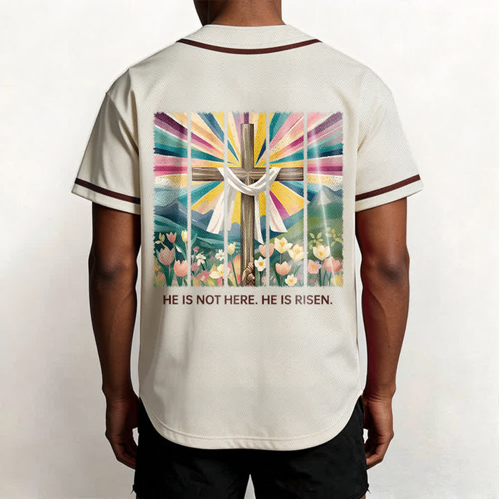 Camiseta de béisbol unisex con la frase "Él no está aquí, él ha resucitado" de Christianartworkshop. - image 3
