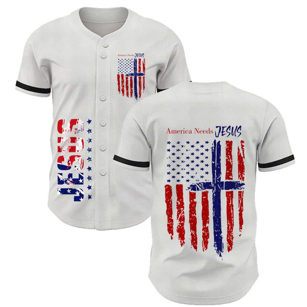 Christianartworkshop Camiseta de béisbol con estampado doble frontal y trasero de rayas y estrella de Jesús patriótico, puños negros. - Blanco - 5XL - image 0