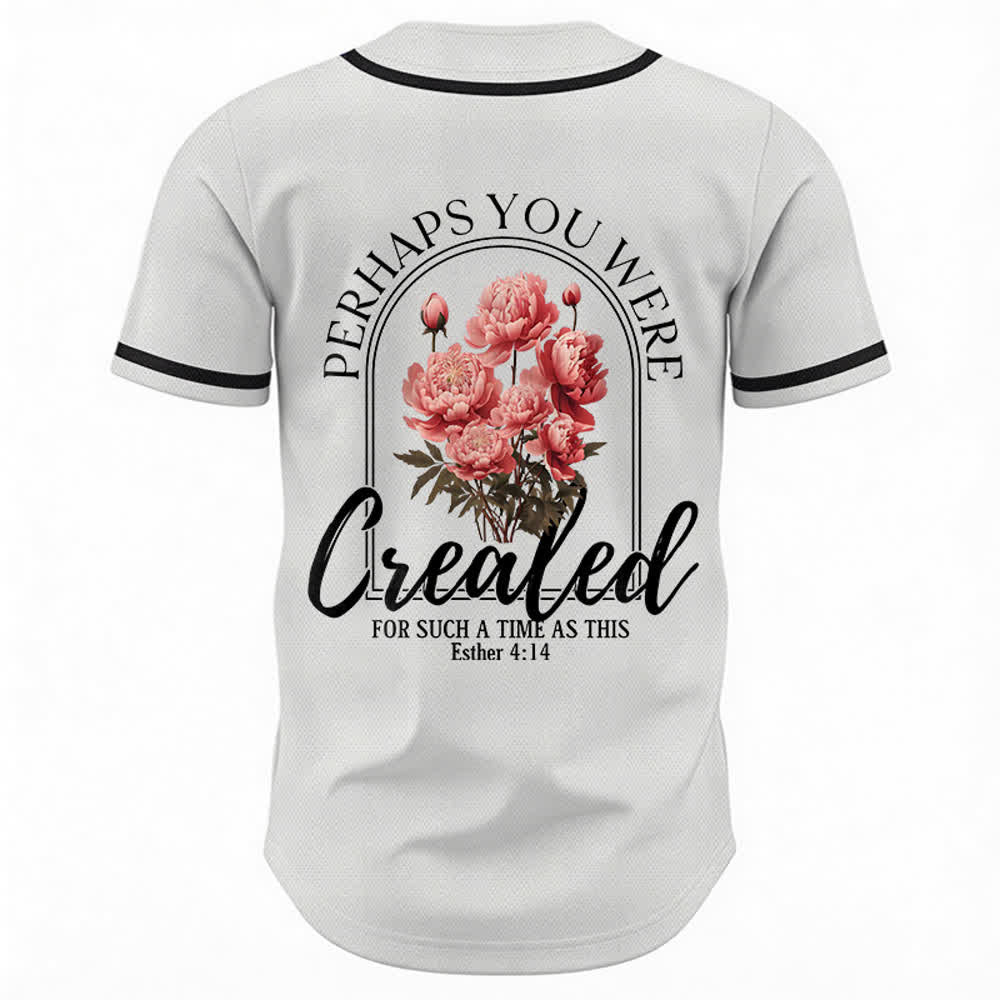 Christianartworkshop "Quizás fuiste creado para un momento como este" Ester 4:14 Camiseta de béisbol con botones y estampado de peonías Faith - image 1
