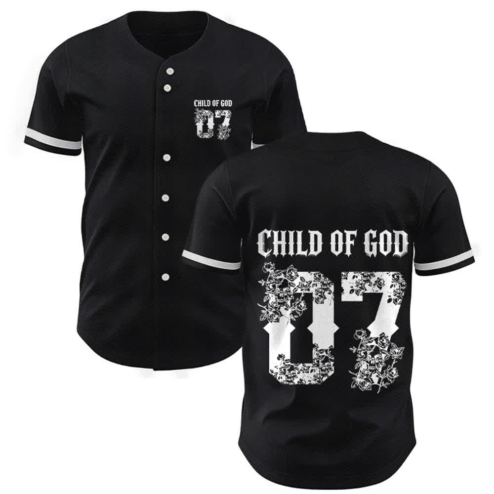 Christianartworkshop Camiseta de béisbol abotonada número 07 con estampado floral "Hijo de Dios" - Negro - 5XL - image 0
