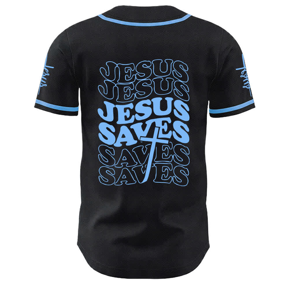 Camiseta de béisbol unisex personalizada con la frase "Jesús salva" de Christianartworkshop. - image 1