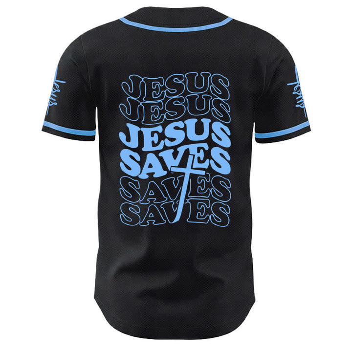 Camiseta de béisbol unisex personalizada con la frase "Jesús salva" de Christianartworkshop. - image 1