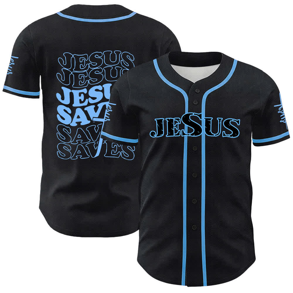 Christianartworkshop Camiseta de béisbol unisex personalizada con la frase "Jesús salva". - Azul - 5XL - image 0