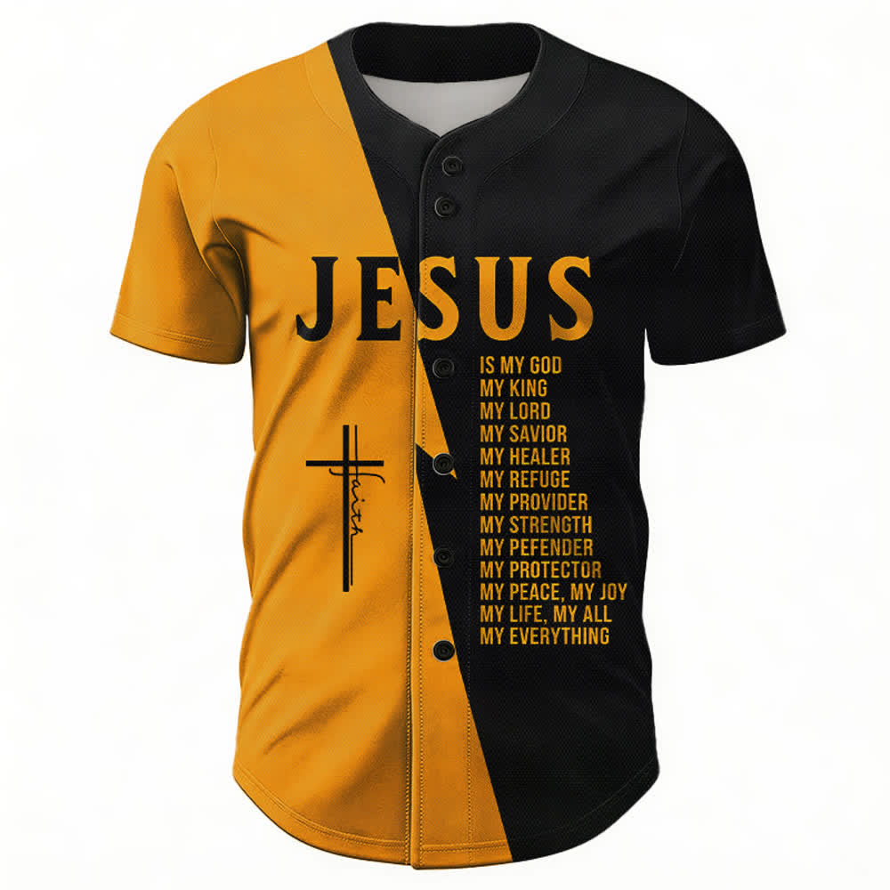 Christianartworkshop Camiseta de béisbol unisex bicolor negro y dorado con la frase "Jesús es mi Dios, mi todo". - image 1