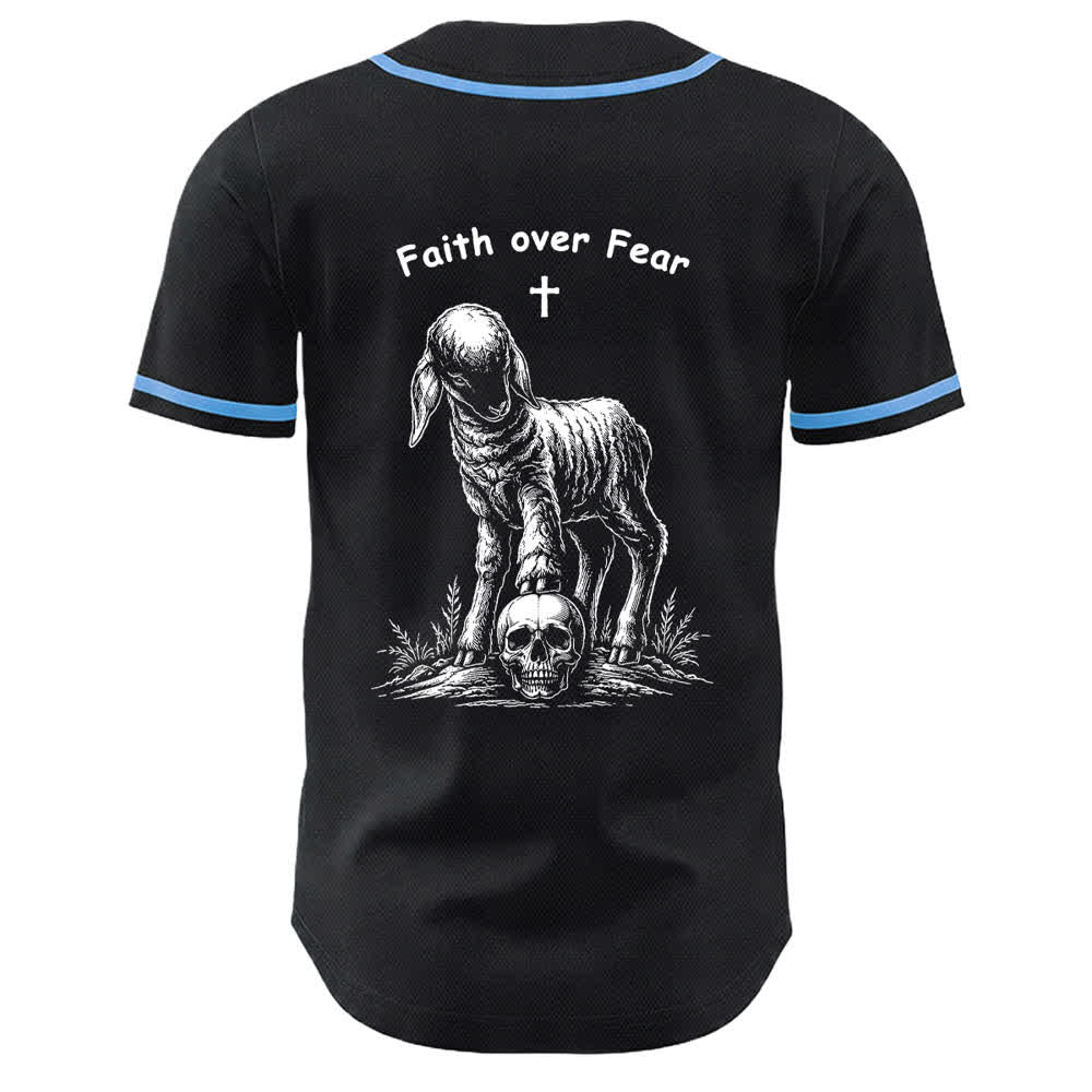 Camiseta de béisbol unisex con estampado de calavera, cordero y cruz de Christianartworkshop , "Fe sobre el miedo". - image 16