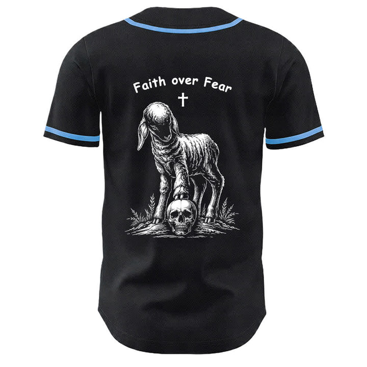 Camiseta de béisbol unisex con estampado de calavera, cordero y cruz de Christianartworkshop , "Fe sobre el miedo". - image 16