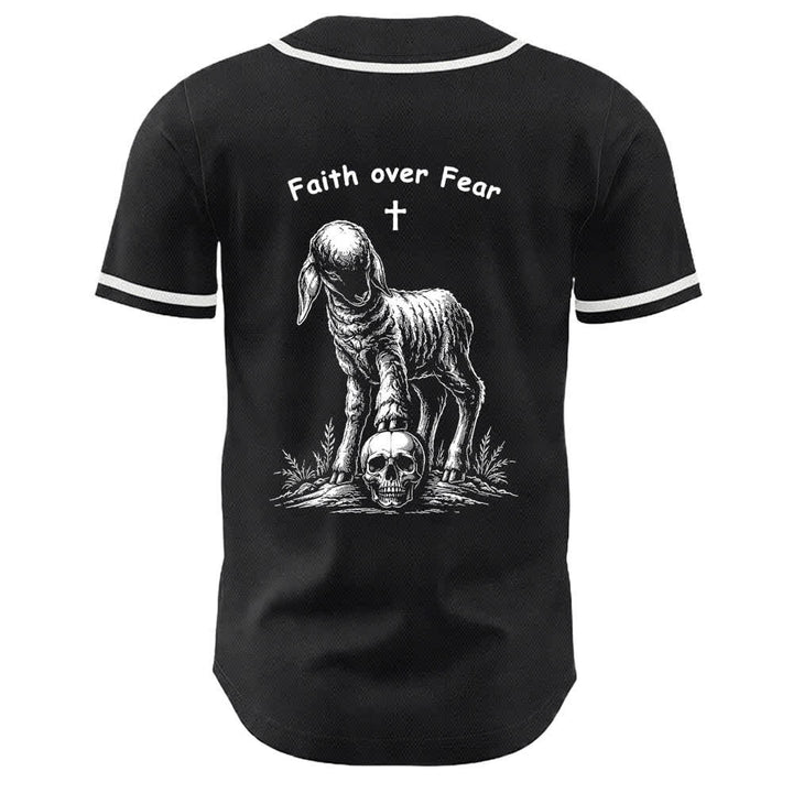 Camiseta de béisbol unisex con estampado de calavera, cordero y cruz de Christianartworkshop , "Fe sobre el miedo". - image 22