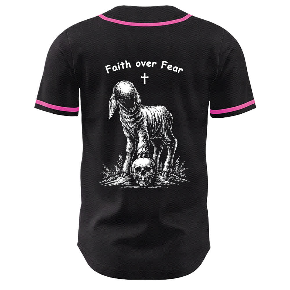 Camiseta de béisbol unisex con estampado de calavera, cordero y cruz de Christianartworkshop , "Fe sobre el miedo". - image 7