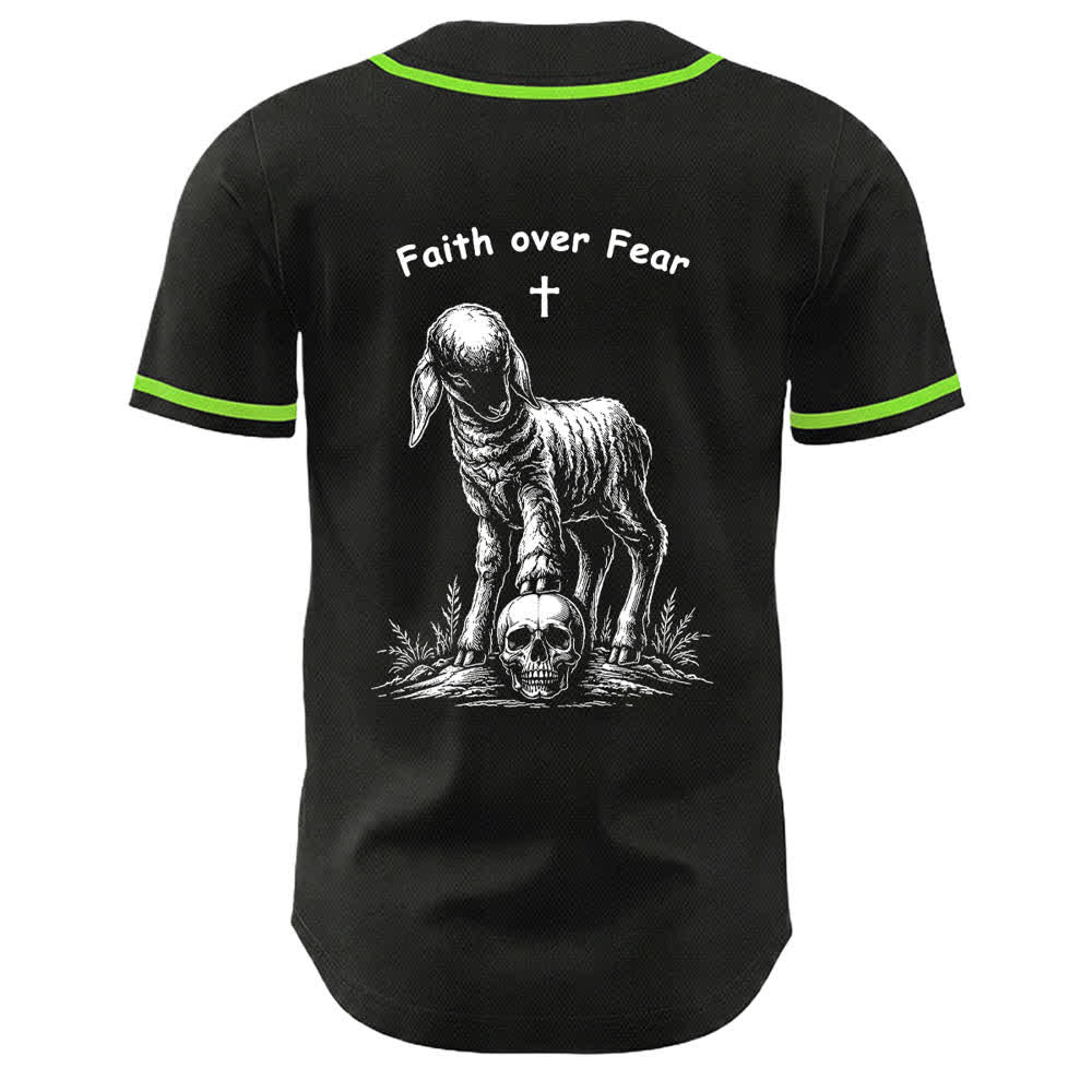 Camiseta de béisbol unisex con estampado de calavera, cordero y cruz de Christianartworkshop , "Fe sobre el miedo". - image 25