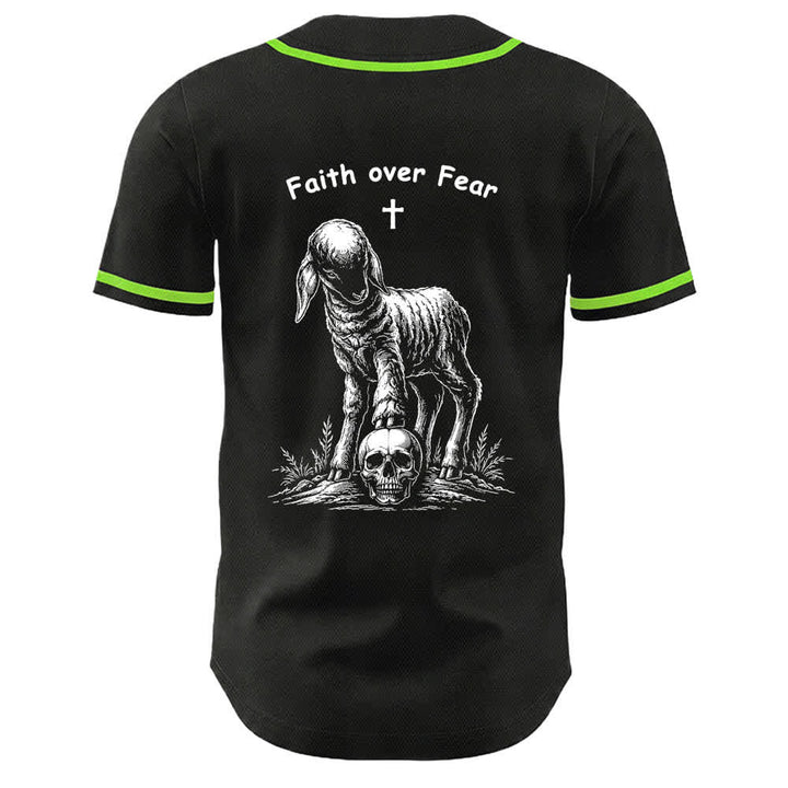Camiseta de béisbol unisex con estampado de calavera, cordero y cruz de Christianartworkshop , "Fe sobre el miedo". - image 25