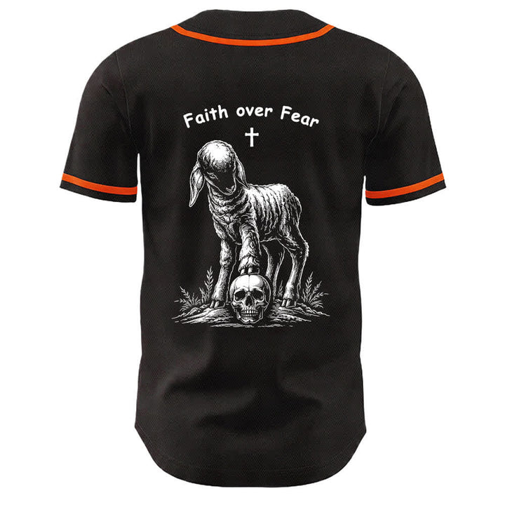Camiseta de béisbol unisex con estampado de calavera, cordero y cruz de Christianartworkshop , "Fe sobre el miedo". - image 10