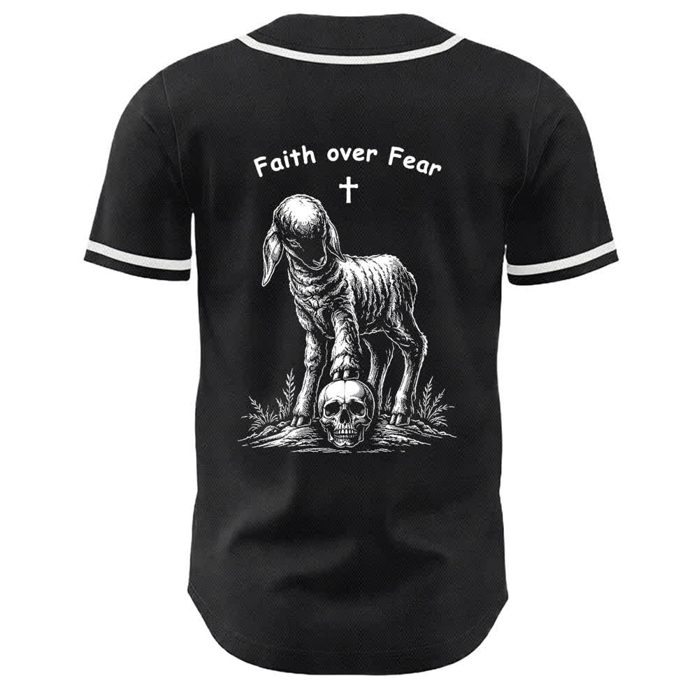 Christianartworkshop Camiseta de béisbol unisex con estampado de calavera, cruz de cordero y fe sobre el miedo. - image 22