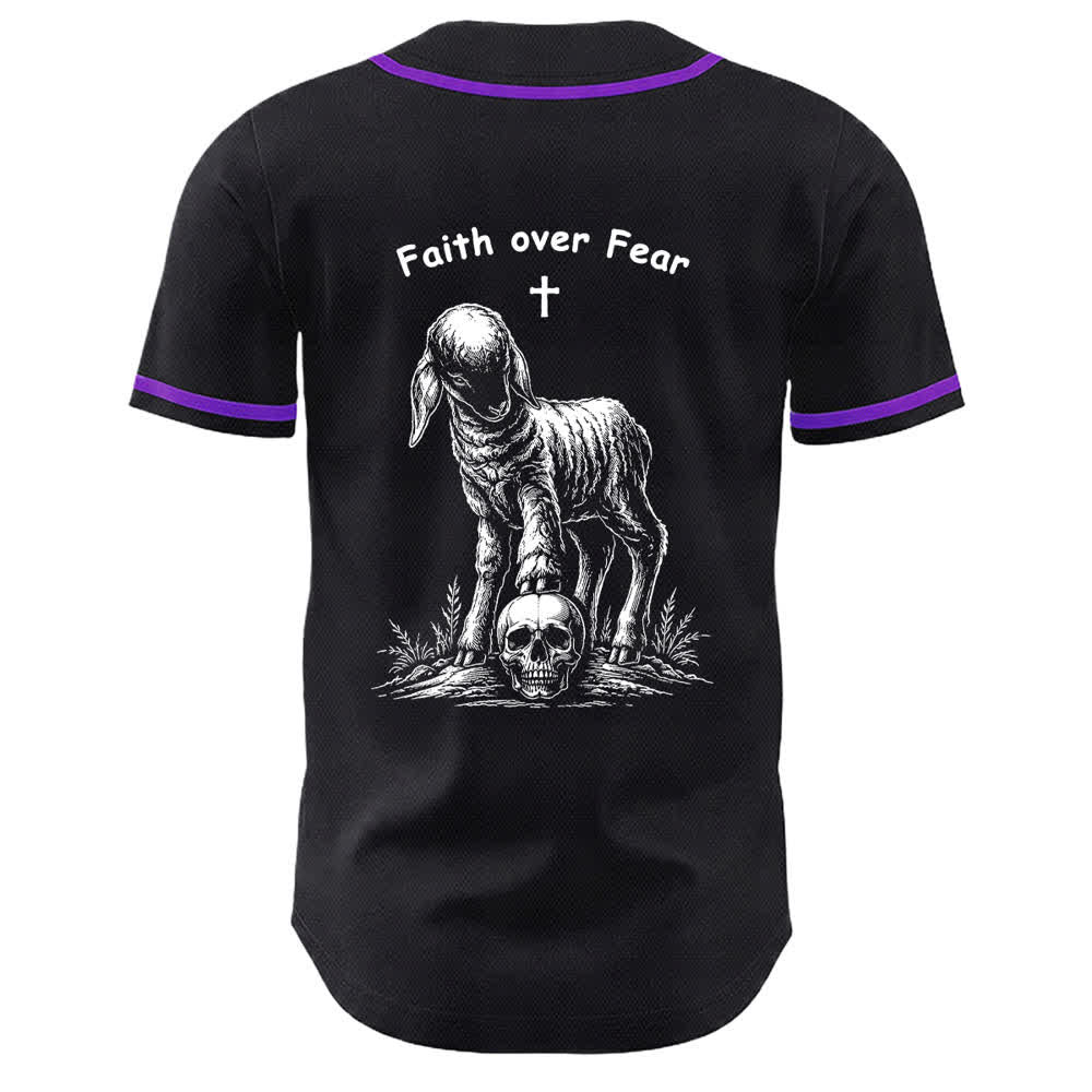 Camiseta de béisbol unisex con estampado de calavera, cordero y cruz de Christianartworkshop , "Fe sobre el miedo". - image 13