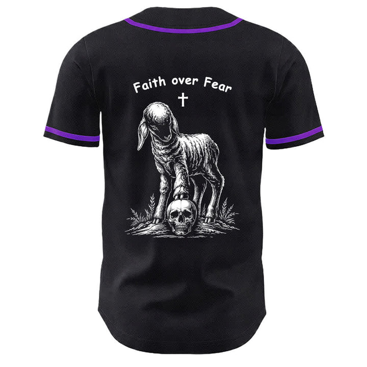Camiseta de béisbol unisex con estampado de calavera, cordero y cruz de Christianartworkshop , "Fe sobre el miedo". - image 13