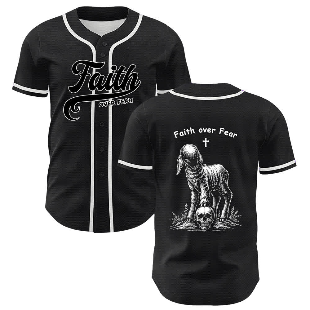 Camiseta de béisbol unisex con estampado de calavera, cordero y cruz de Christianartworkshop , "Fe sobre el miedo". - Blanco - 5XL - image 21