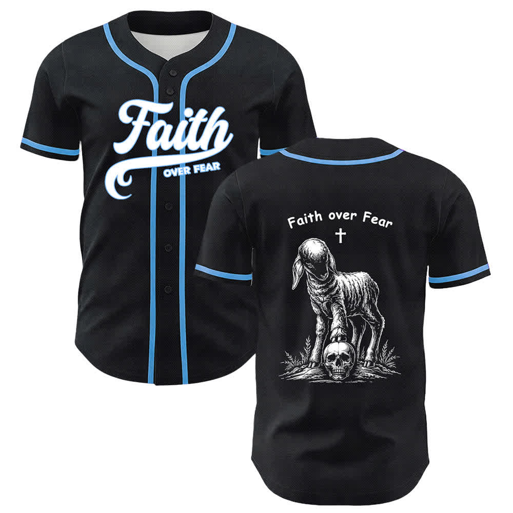 Camiseta de béisbol unisex con estampado de calavera, cordero y cruz de Christianartworkshop , "Fe sobre el miedo". - Azul - 5XL - image 15