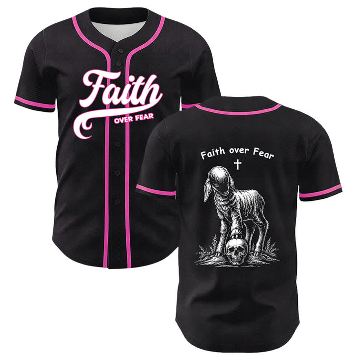 Camiseta de béisbol unisex con estampado de calavera, cordero y cruz de Christianartworkshop , "Fe sobre el miedo". - Rosa - 5XL - image 6