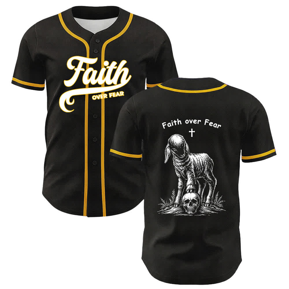 Camiseta de béisbol unisex con estampado de calavera, cordero y cruz de Christianartworkshop , "Fe sobre el miedo". - Amarillo - 5XL - image 0