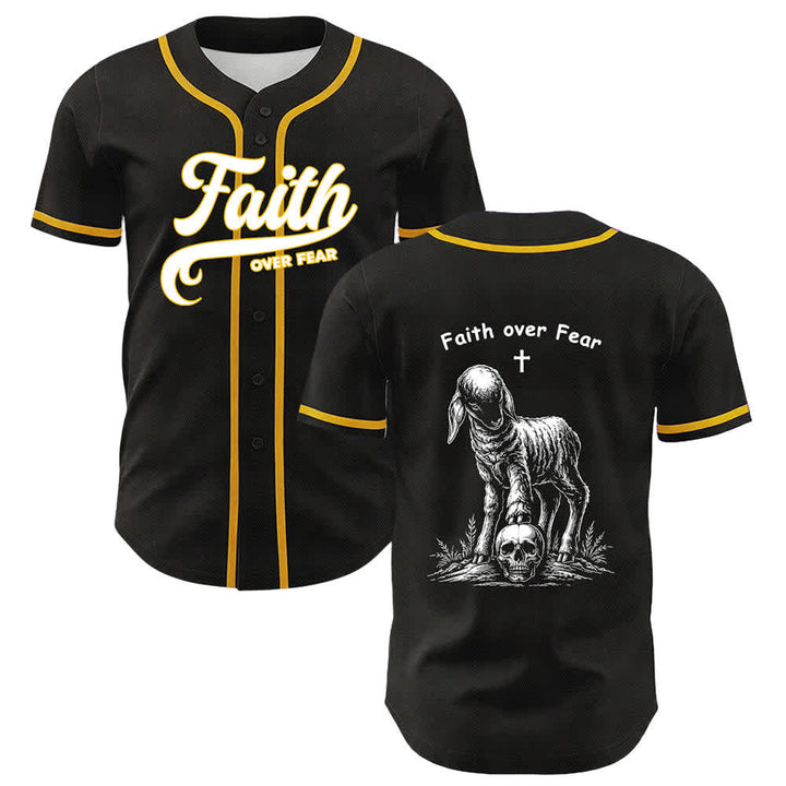 Camiseta de béisbol unisex con estampado de calavera, cordero y cruz de Christianartworkshop , "Fe sobre el miedo". - Amarillo - 5XL - image 0