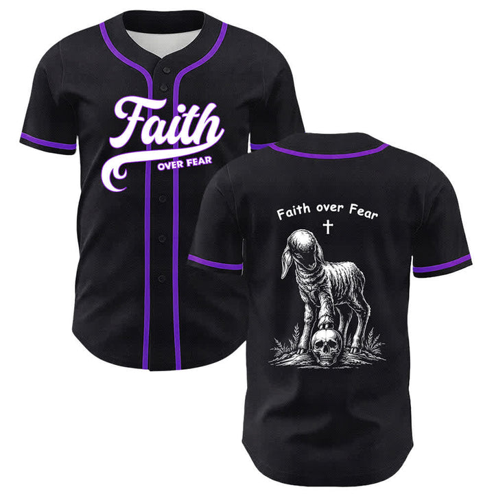 Camiseta de béisbol unisex con estampado de calavera, cordero y cruz de Christianartworkshop , "Fe sobre el miedo". - Púrpura - 5XL - image 12