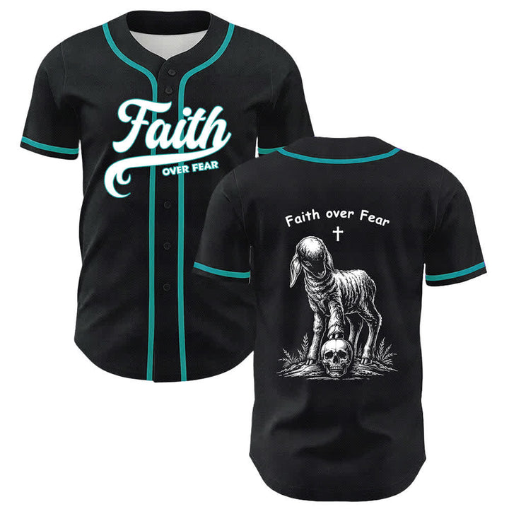 Camiseta de béisbol unisex con estampado de calavera, cordero y cruz de Christianartworkshop , "Fe sobre el miedo". - Verde oscuro - 5XL - image 18